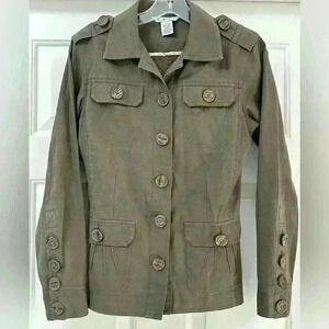 CAbi 493‎ Olive Green Military Button Up Cargo Jacket Womens Size XS Stretch